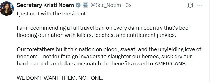 ABD İç Güvenlik Bakanı Kristi Noem’den ABD’ye seyahat yasağı önerisi
