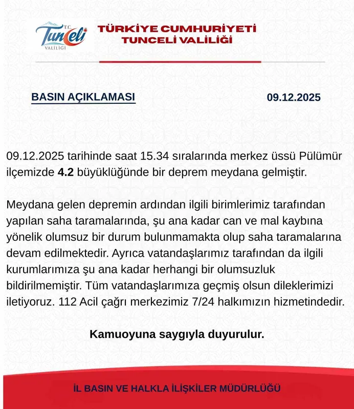 Tunceli Valiliği’den deprem açıklaması: 