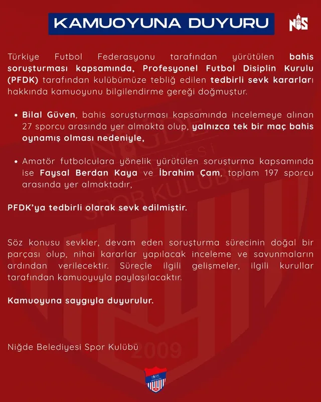 Niğde Belediyespor’dan futbolcularla ilgili bahis soruşturmasına ilişkin açıklama

